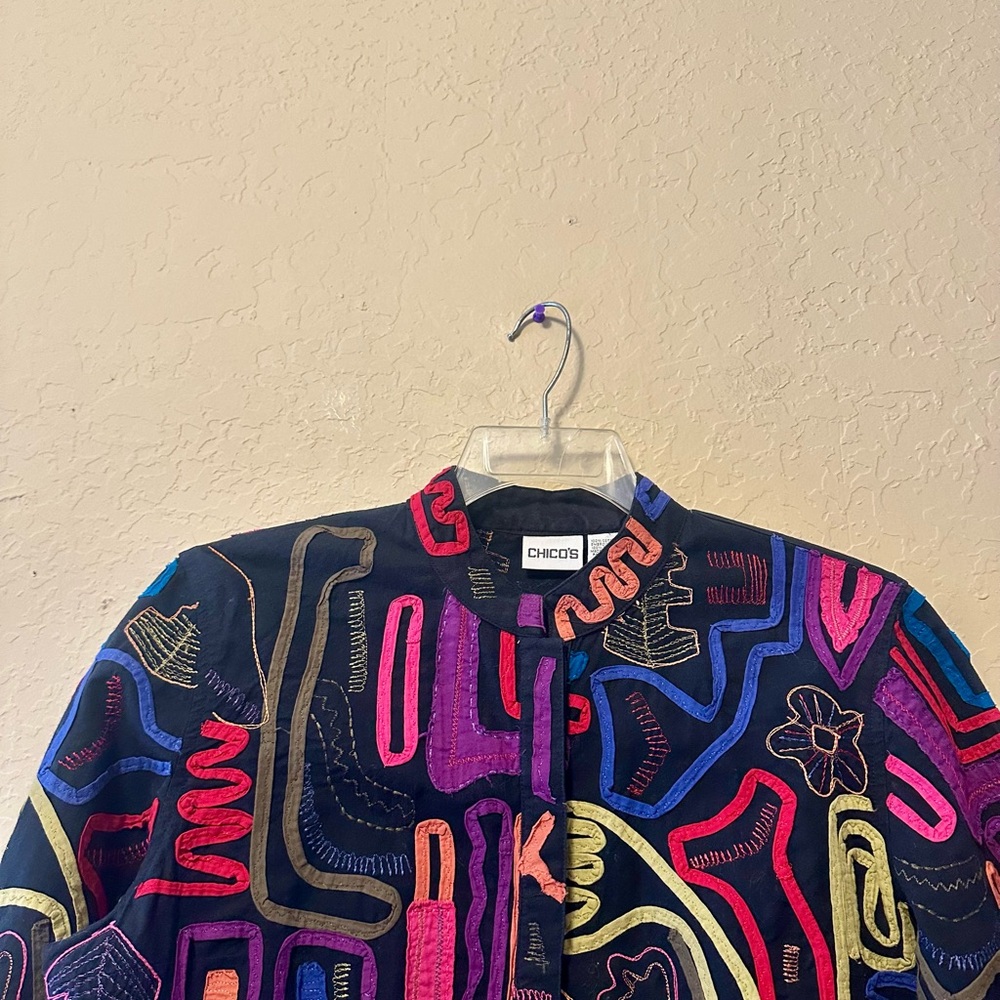 Patchwork Chico's Black Cotton Multi Embroidered … - image 4